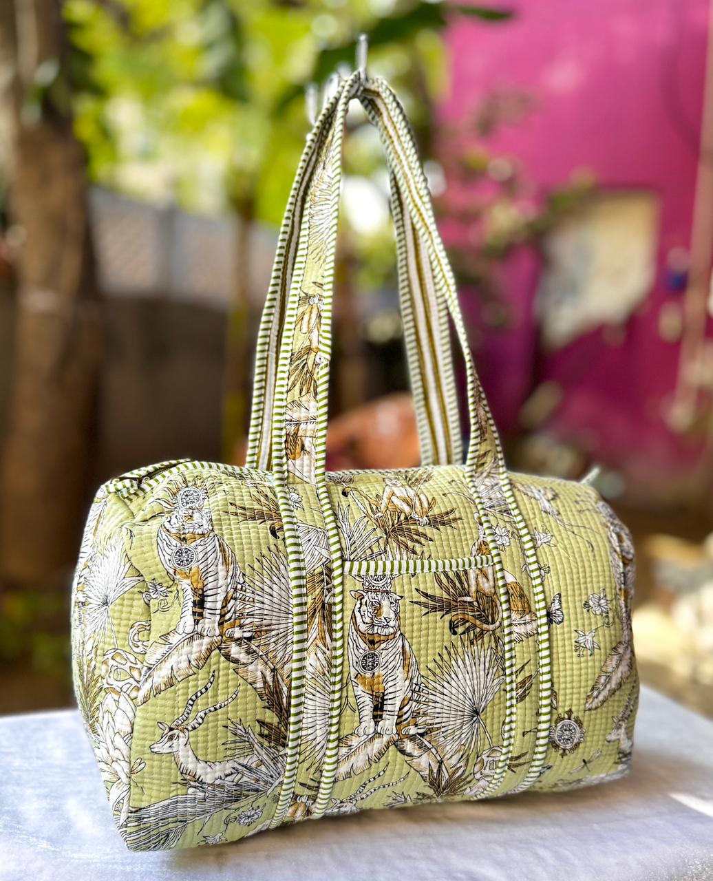 Handcrafted Tiger Motif Quilted Cotton Duffle Bag