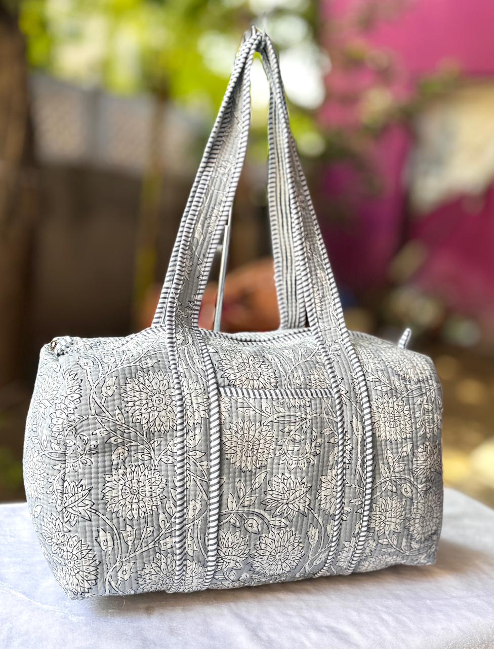Handcrafted Grey Floral Quilted Cotton Duffle Bag