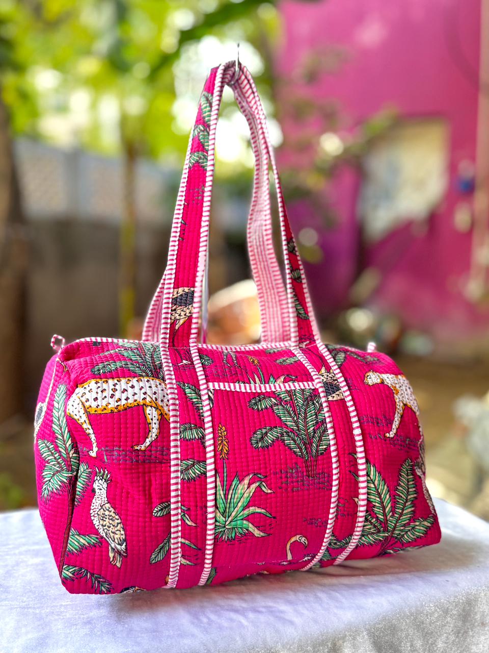 Handcrafted Wildlife Print Quilted Cotton Duffle Bag