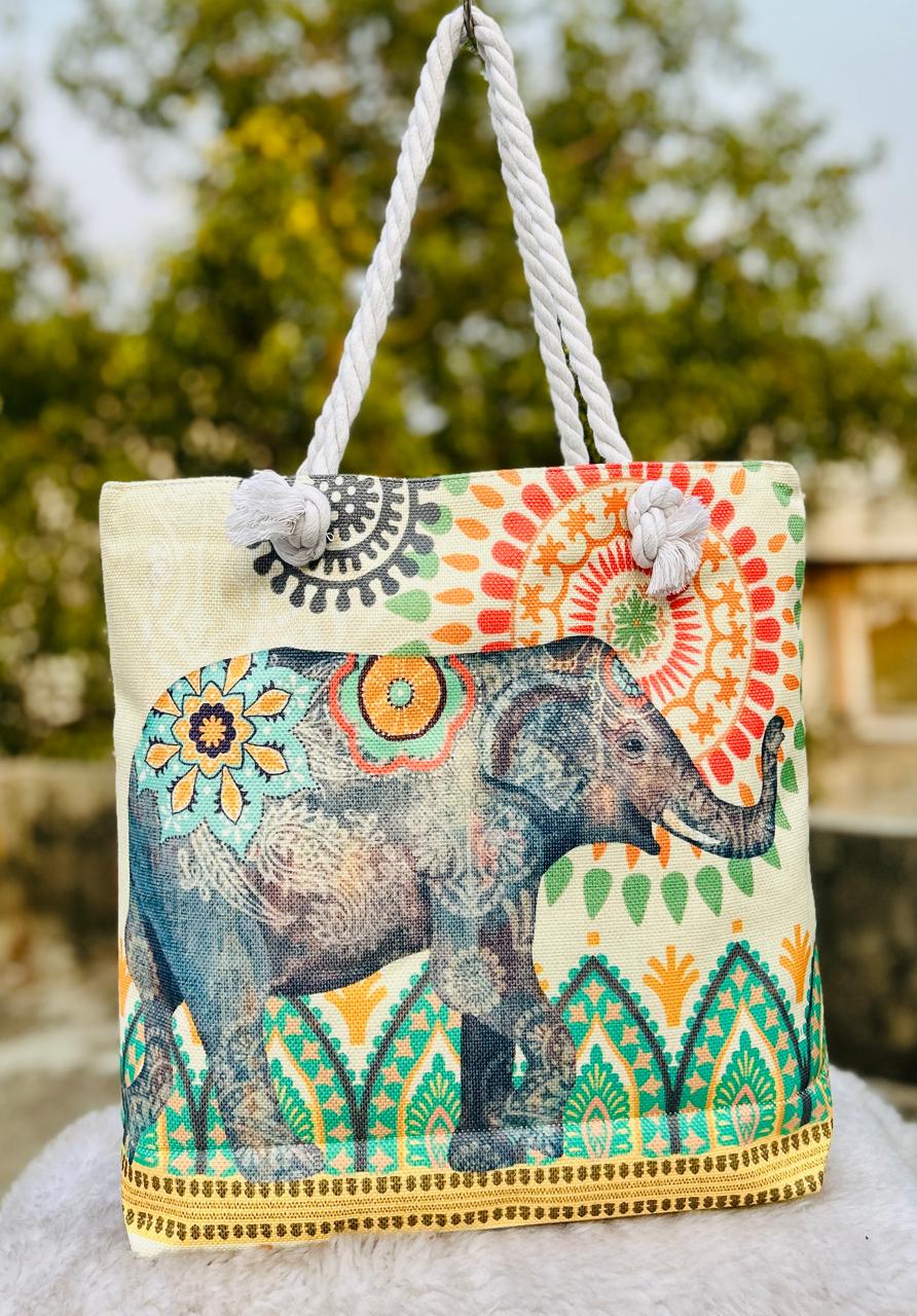 Elephant Print Cotton Tote Bag