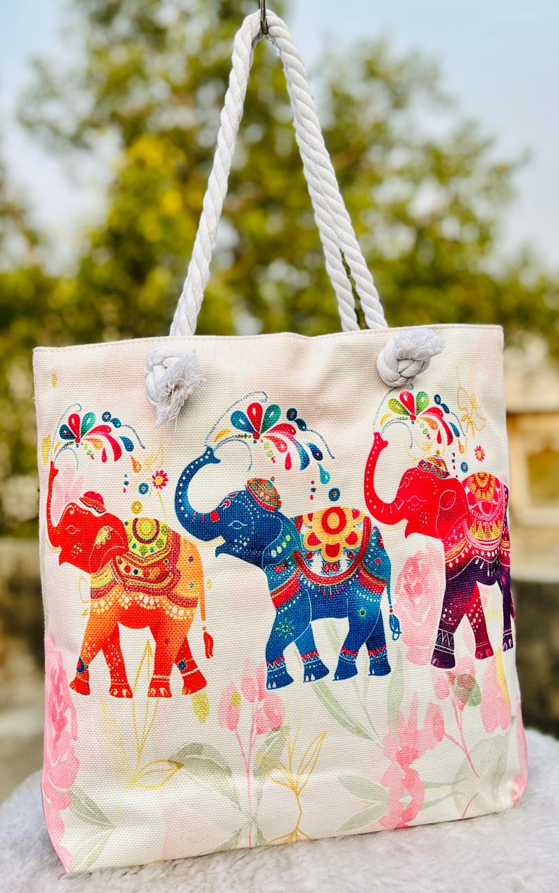 Elephant Folk Print Cotton Canvas Tote Bag