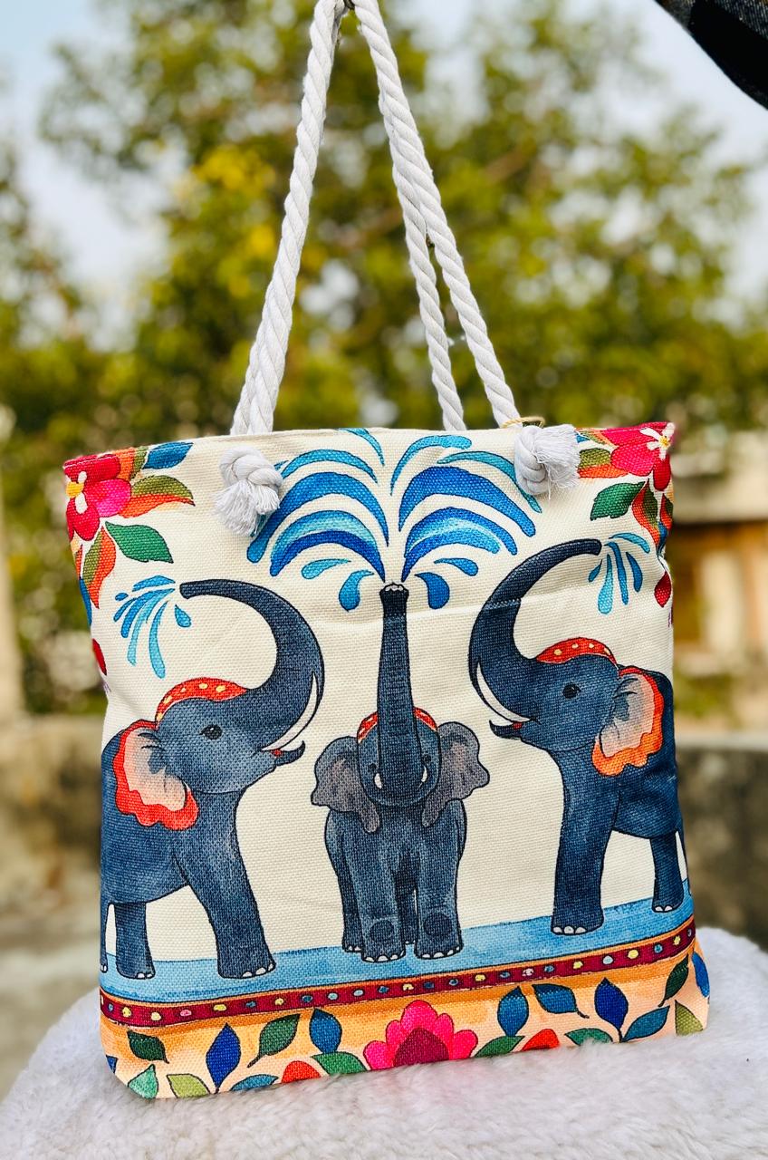 Triple Elephant Folk Printed Cotton Canvas Tote Bag