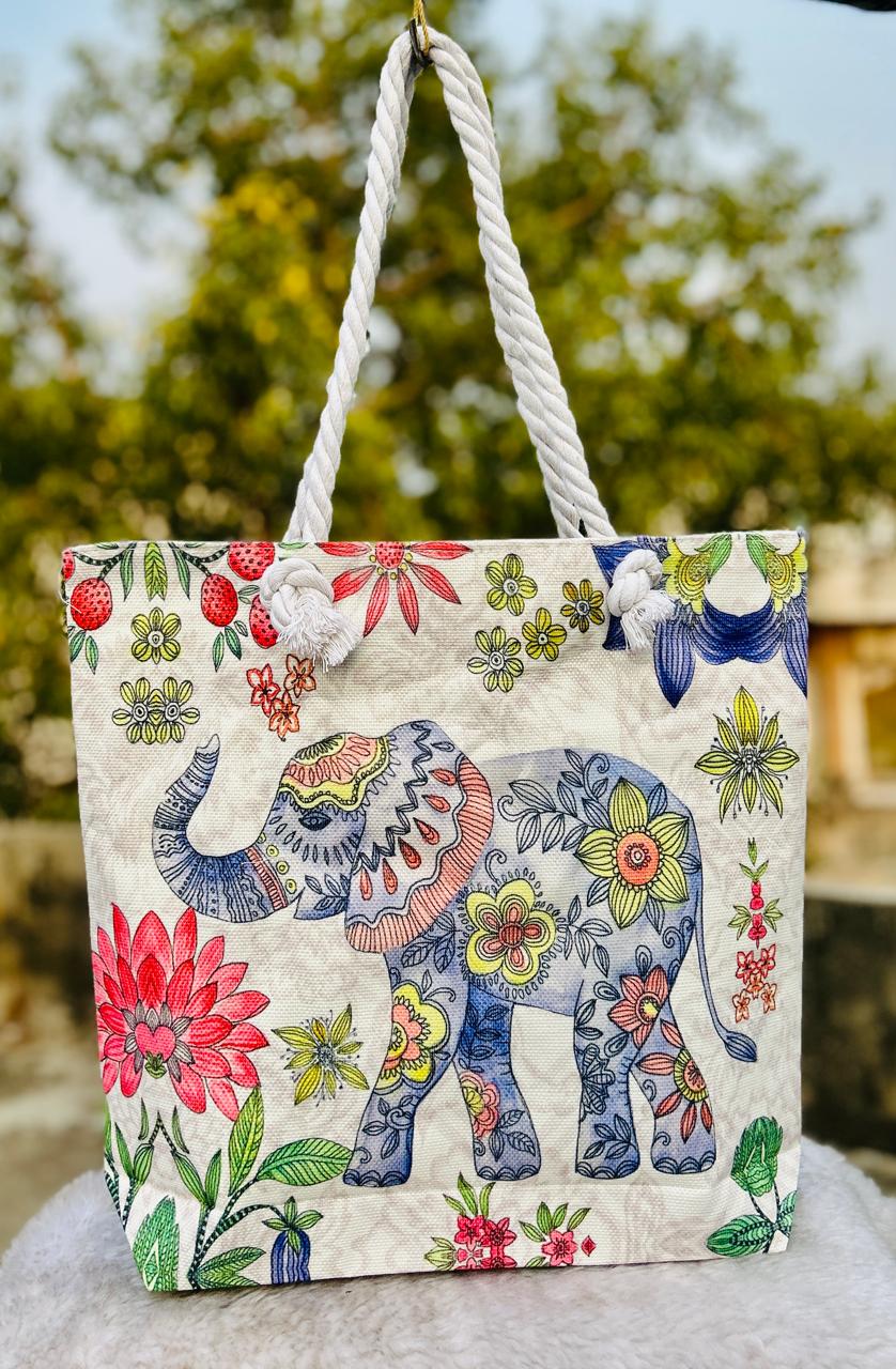 Floral Elephant Printed Cotton Canvas Tote Bag