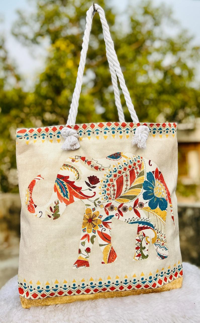 Elephant Printed Cotton Canvas Tote Bag
