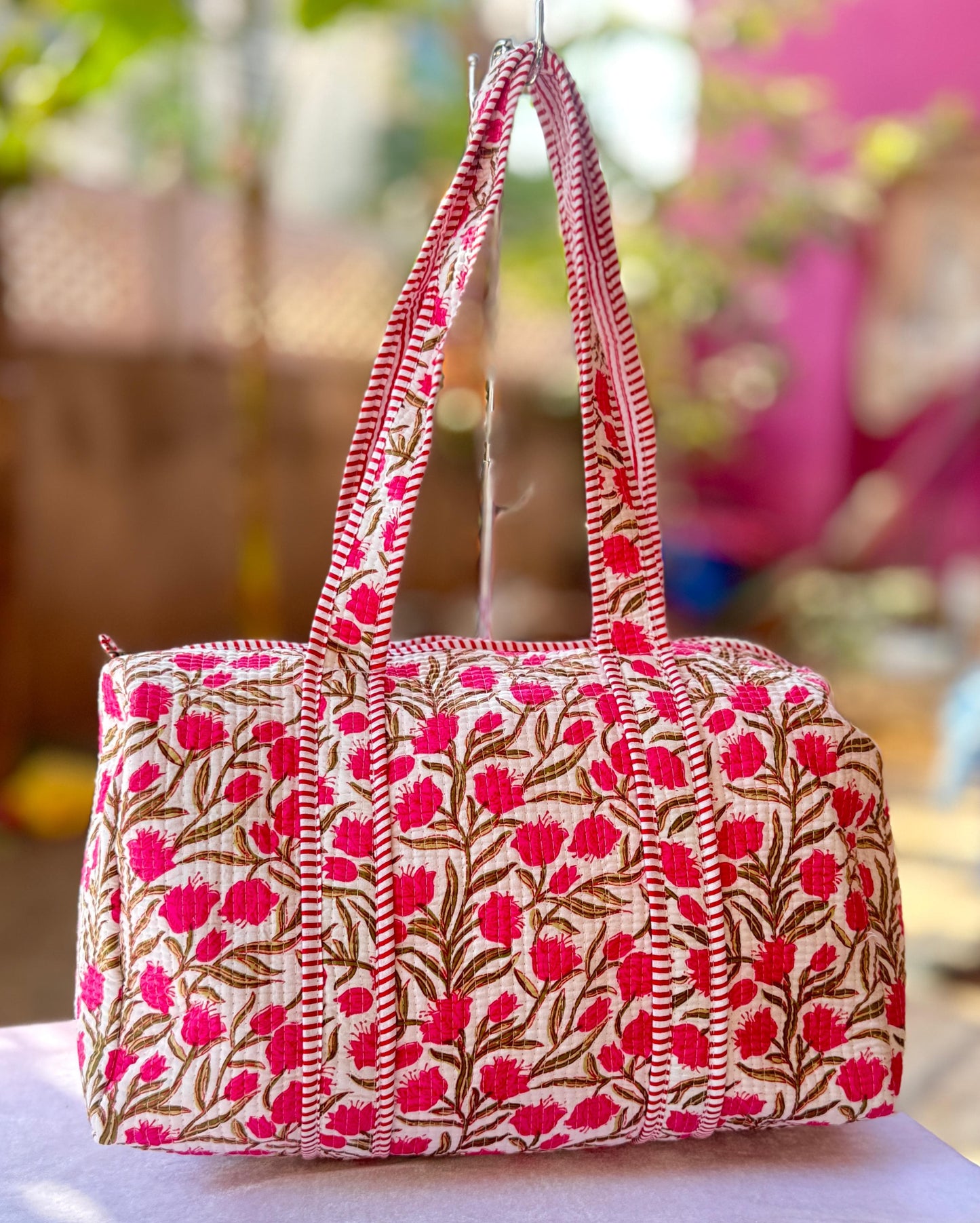 Pink Floral Hand Block Print Quilted Cotton Duffle Bag