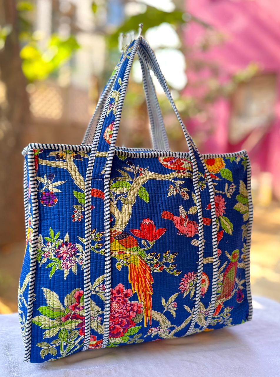 Floral Hand Block Printed Quilted Tote Bag
