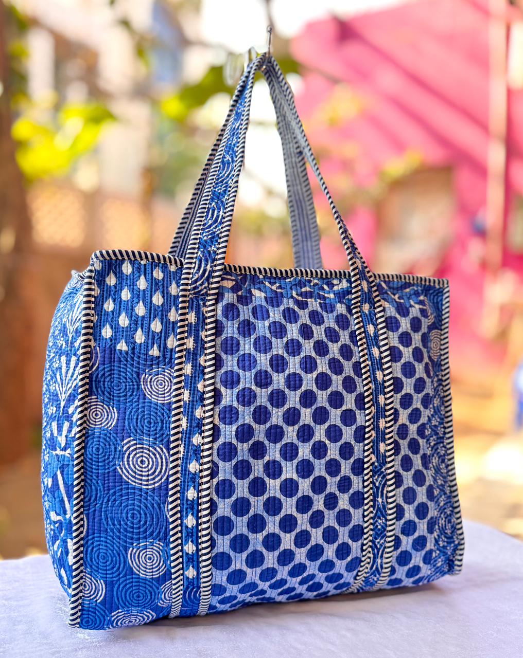 Indigo Block Print Quilted Cotton Tote Bag