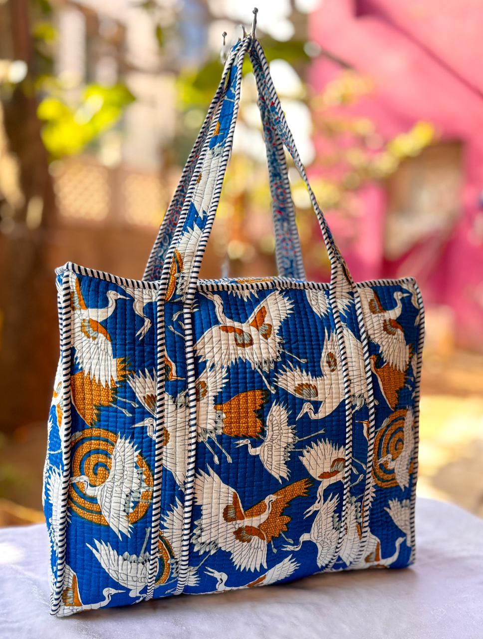 Blue Crane Print Quilted Cotton Tote Bag