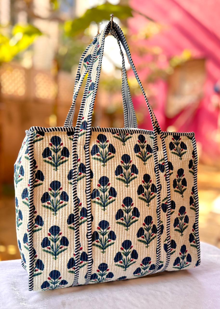 Ivory Floral Quilted Cotton Tote Bag