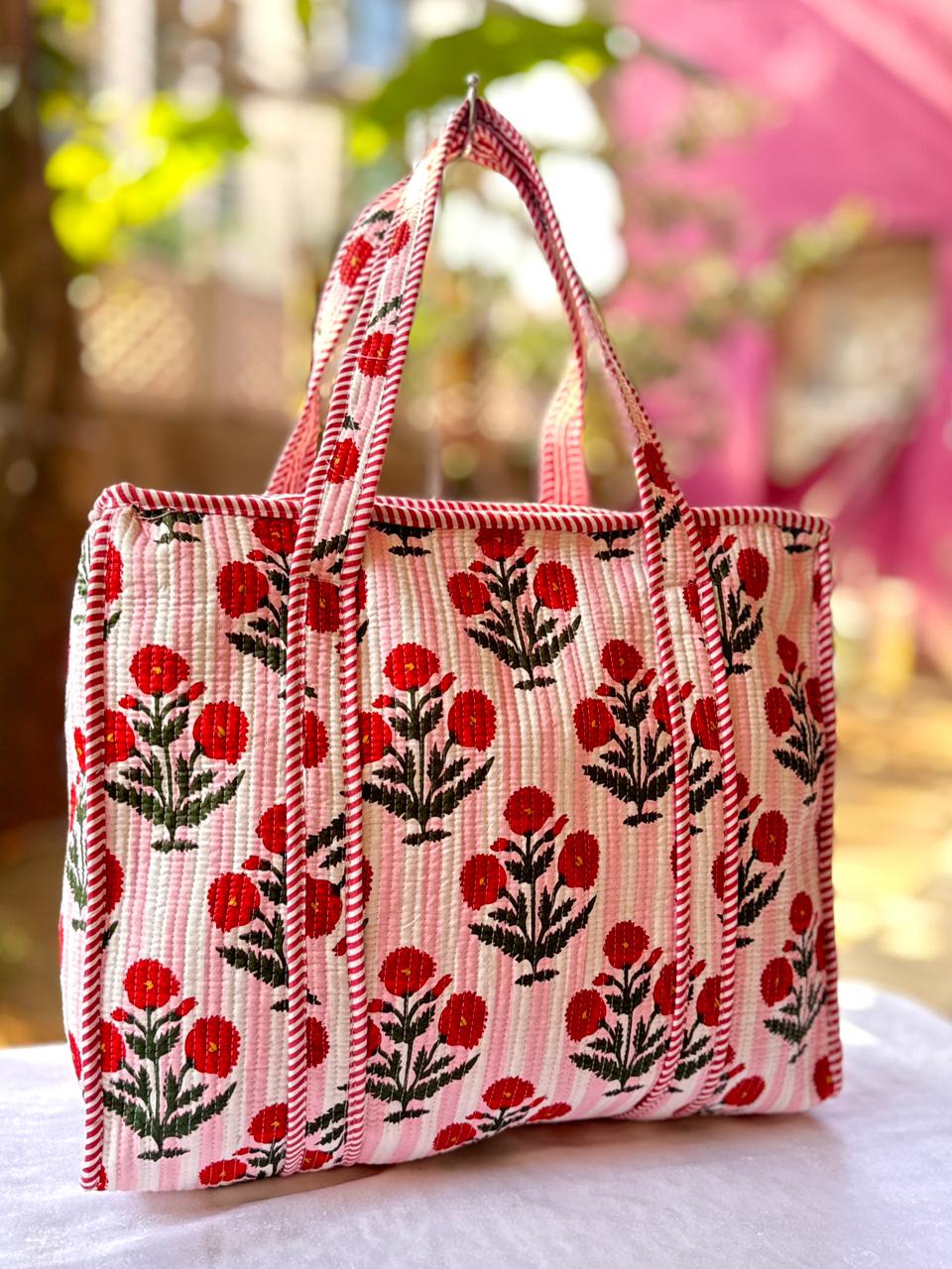 Floral Block Print Quilted Cotton Tote Bag