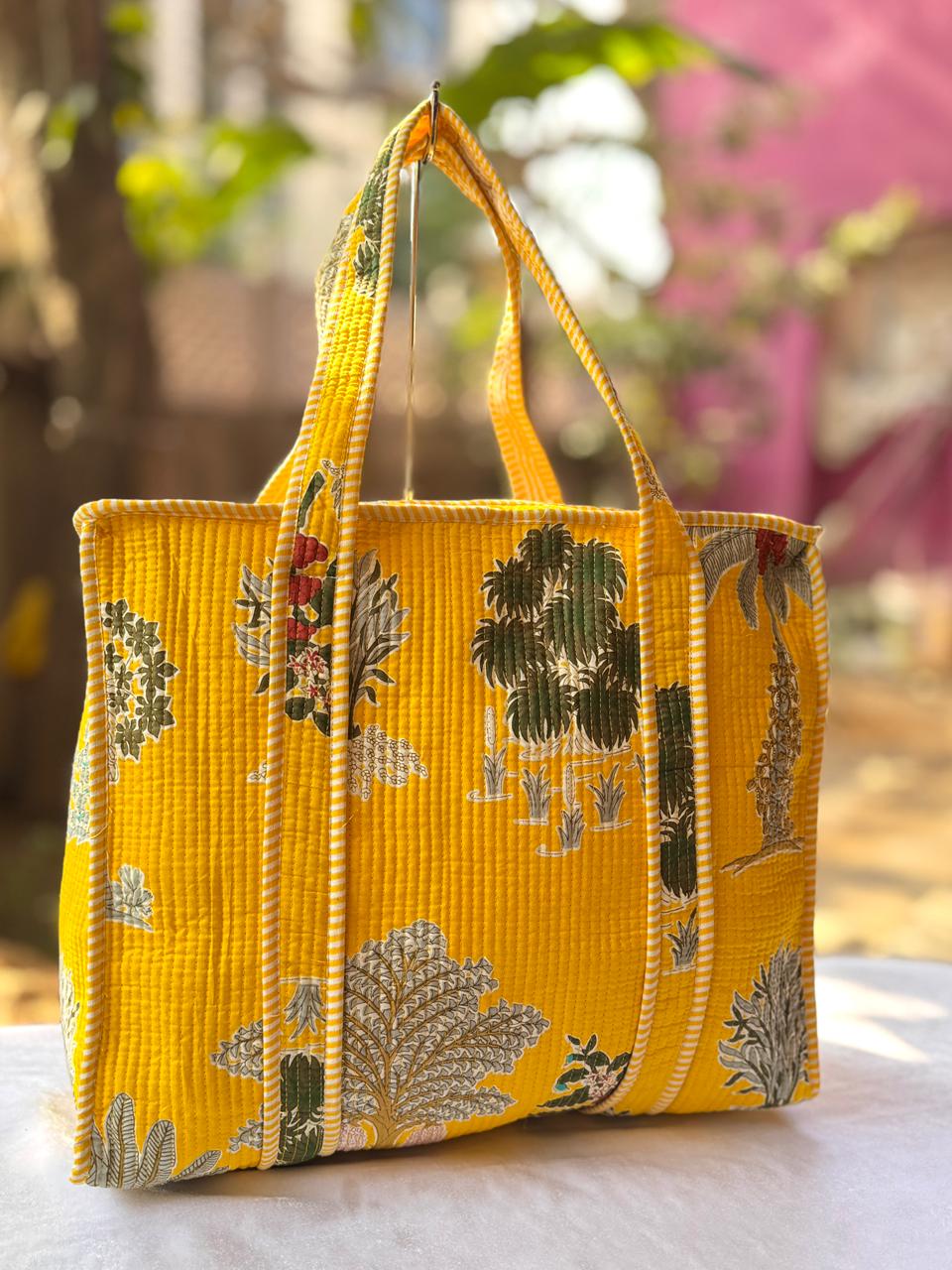 Yellow Floral Printed Quilted Cotton Tote Bag