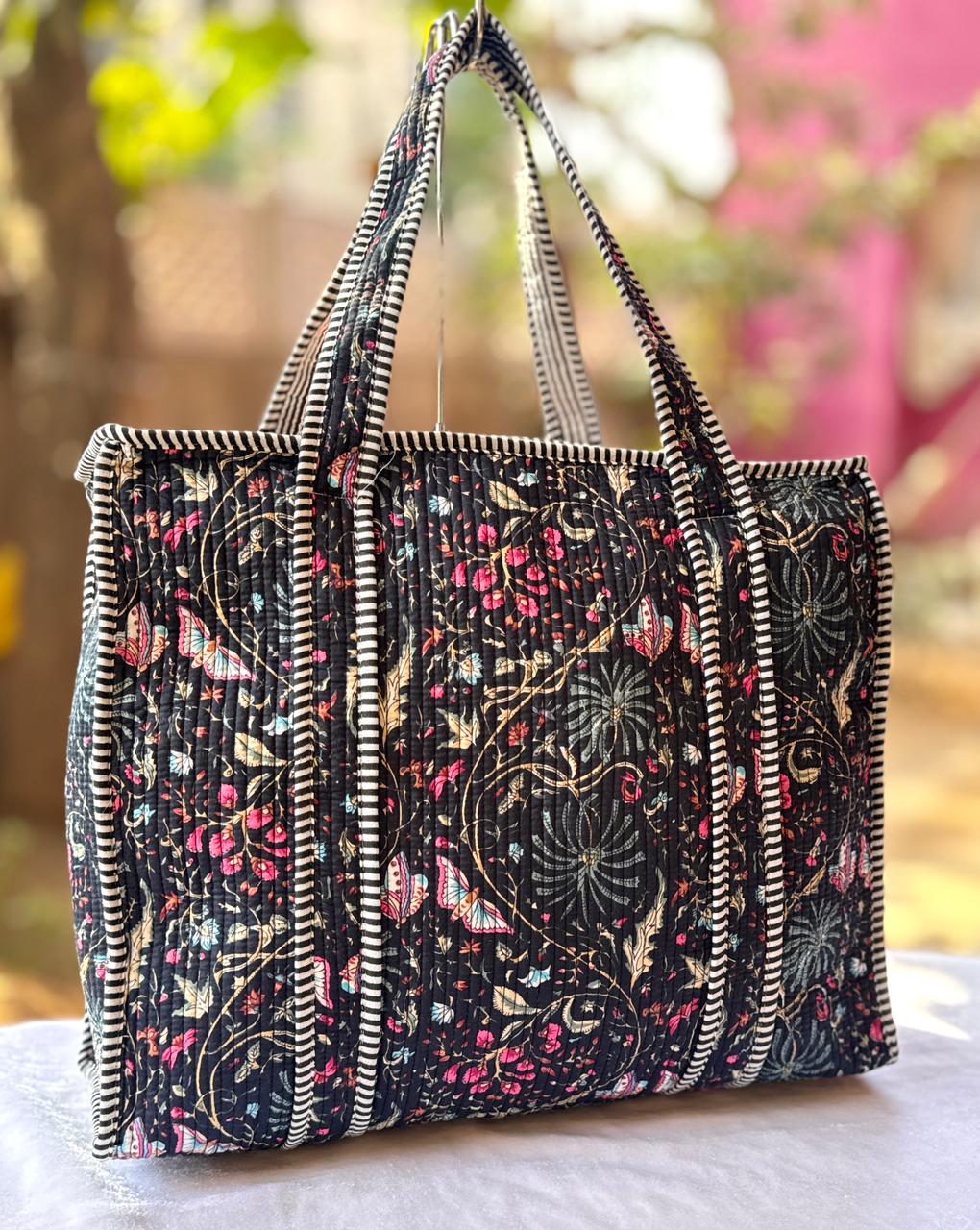 Floral & Butterfly Hand Block Printed Quilted Tote Bag