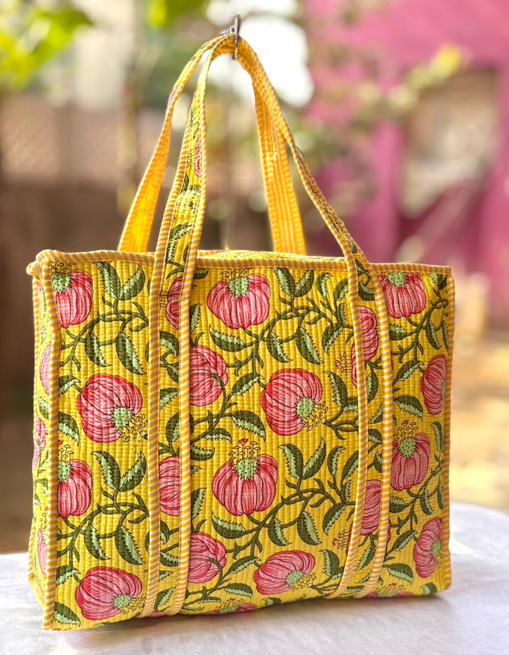 Yellow Floral Printed Quilted Cotton Tote Bag