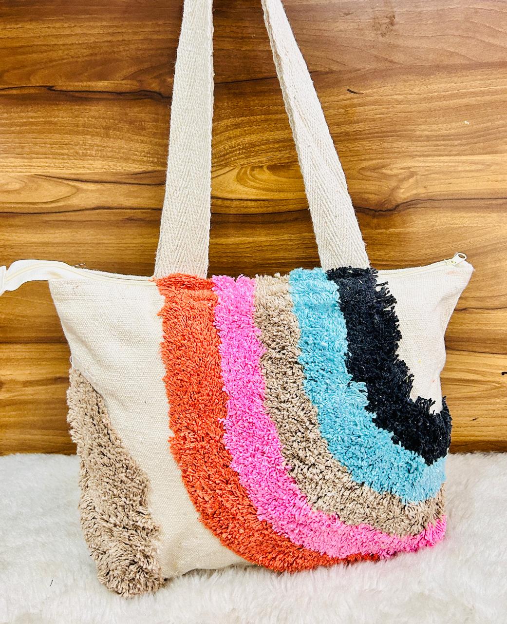 Tufted Hand Embroidered Cotton Canvas Tote Bag