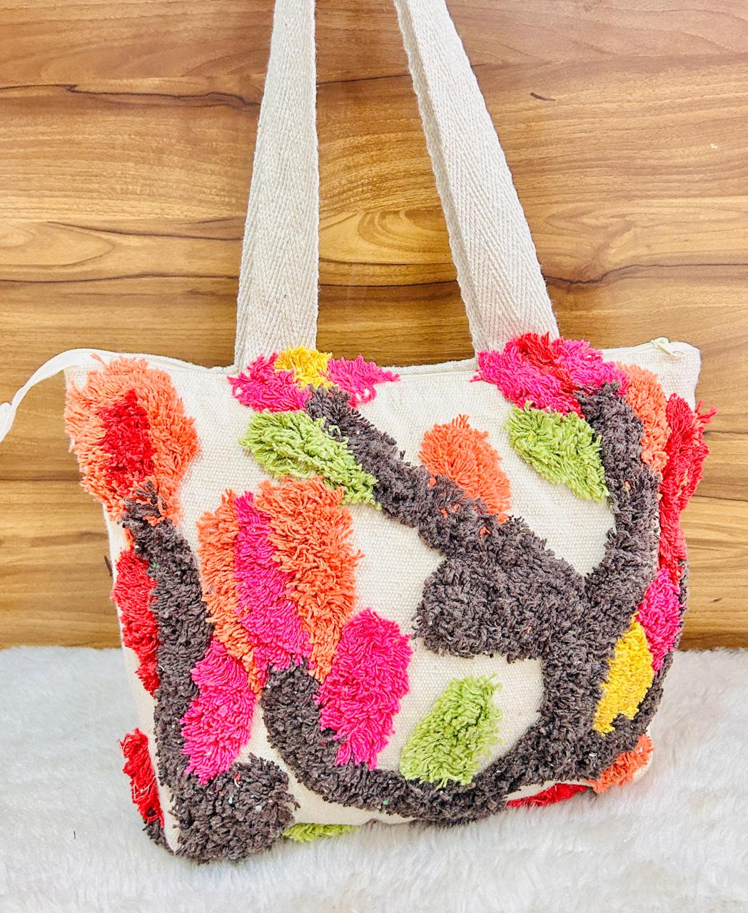 Tufted Hand Embroidered Cotton Canvas Tote Bag