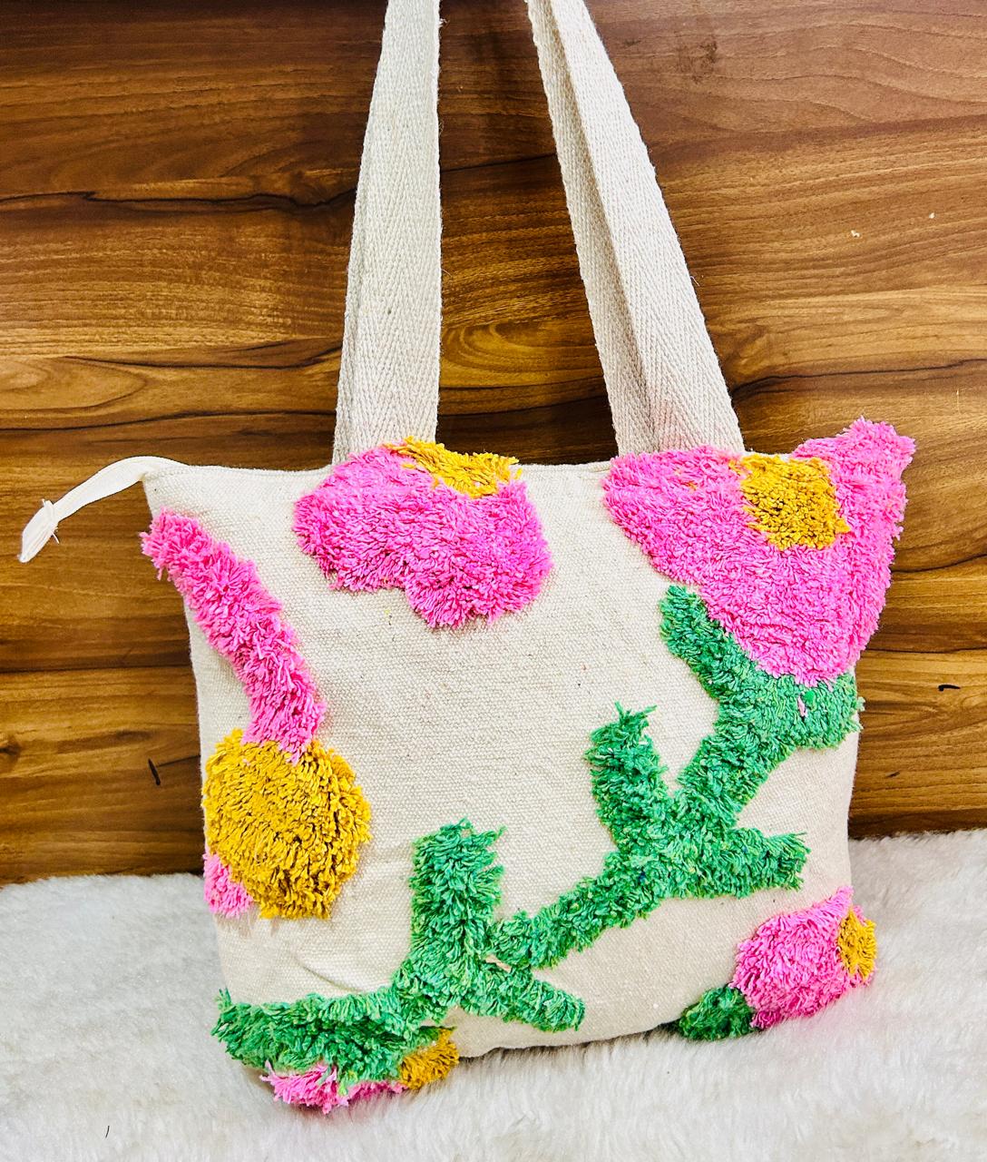 Floral Hand Embroidered Cotton Tote Bag