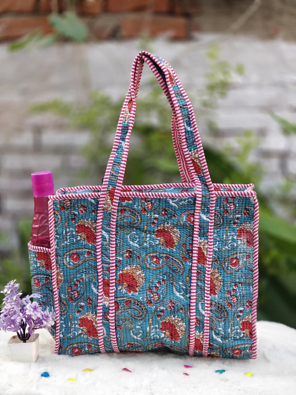 Handmade Floral Print Quilted Cotton Tote Beg
