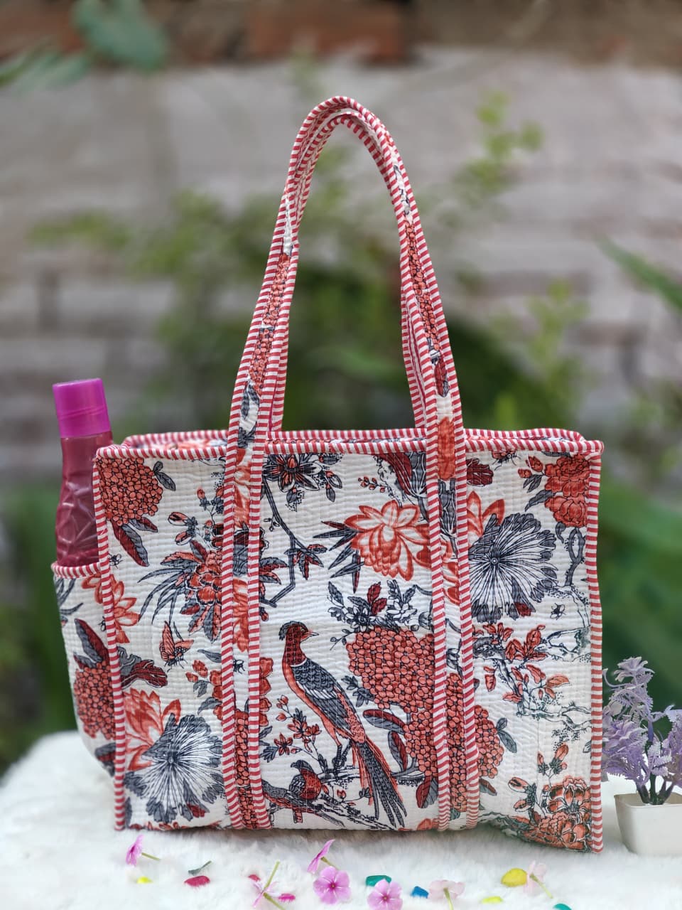 Bird & Floral Printed Quilted Cotton Tote Bag