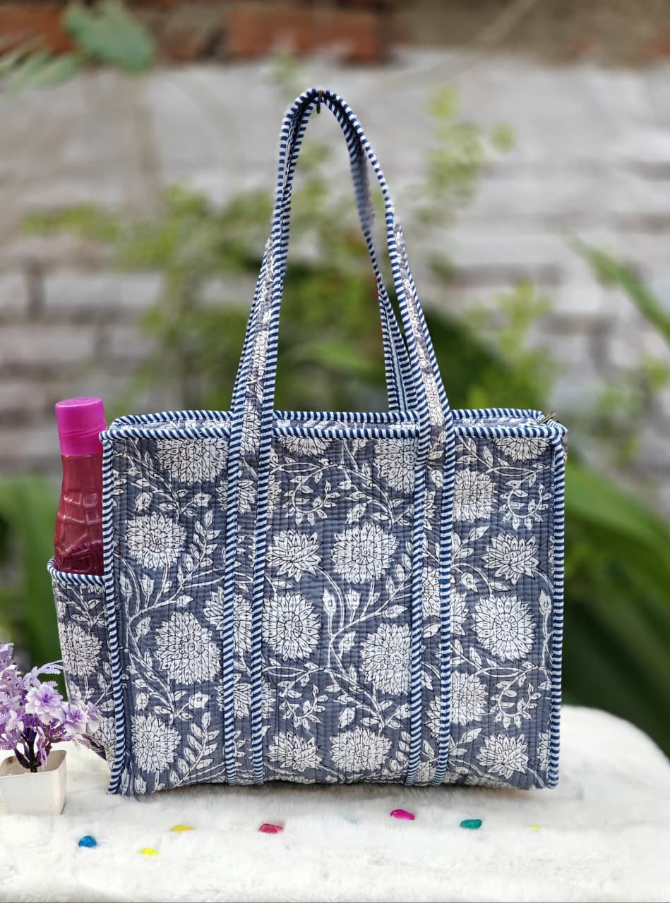 Indigo Floral Hand Block Printed Quilted Cotton Tote Bag