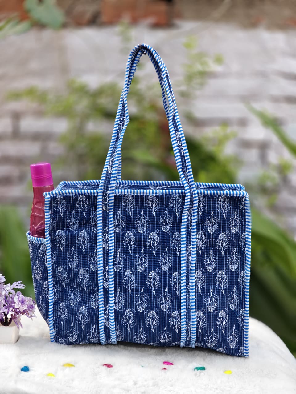 Indigo Hand Block Printed Quilted Cotton Tote Bag