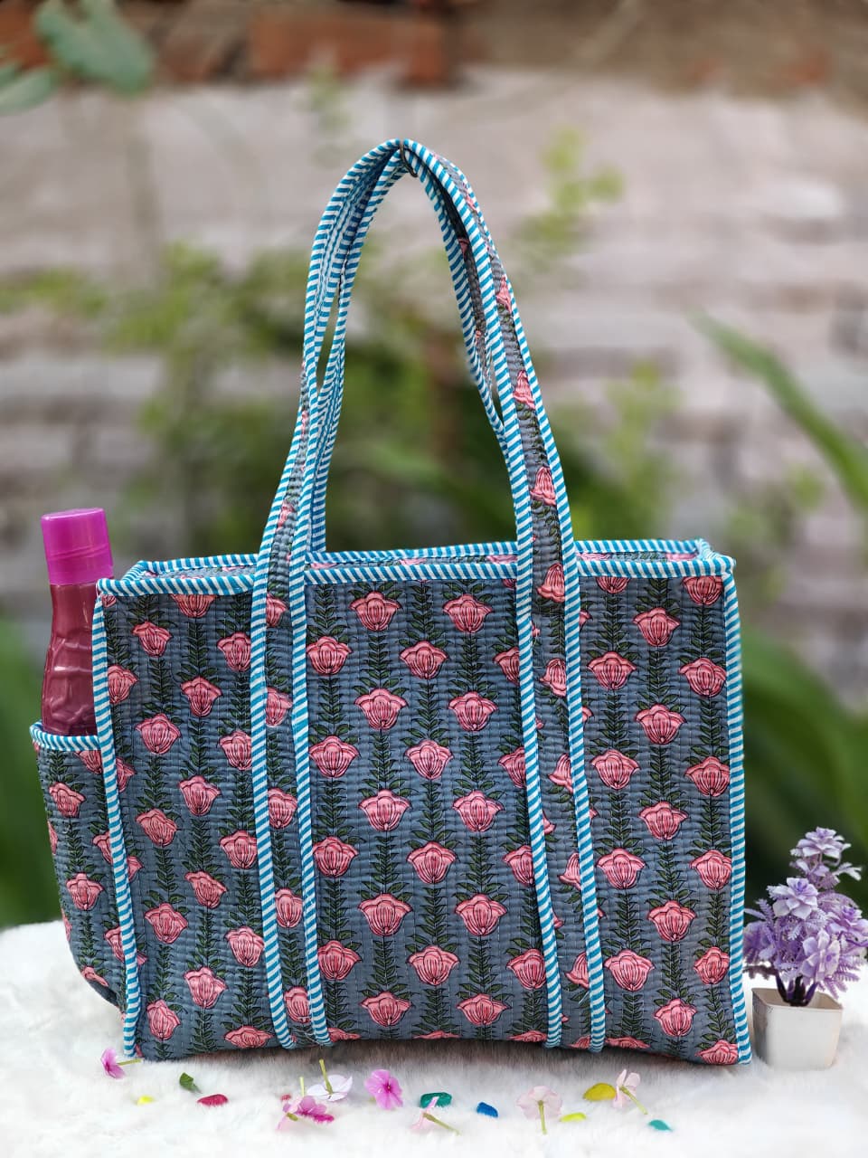 Floral Hand Block Printed Quilted Cotton Tote Bag
