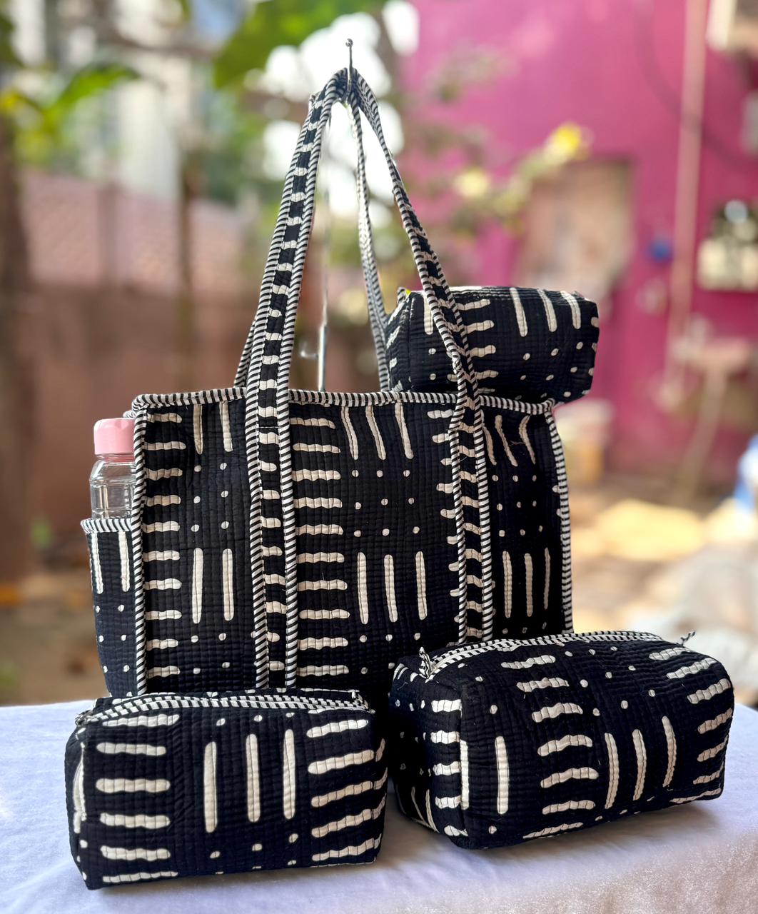 Handcrafted Quilted Cotton Tote Bag Set
