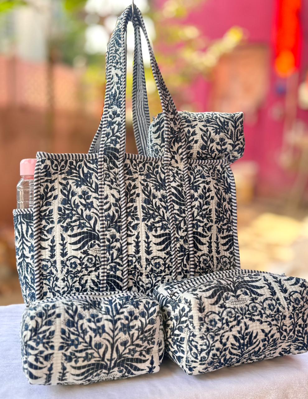 Hand Block Printed Indigo Floral Tote Set