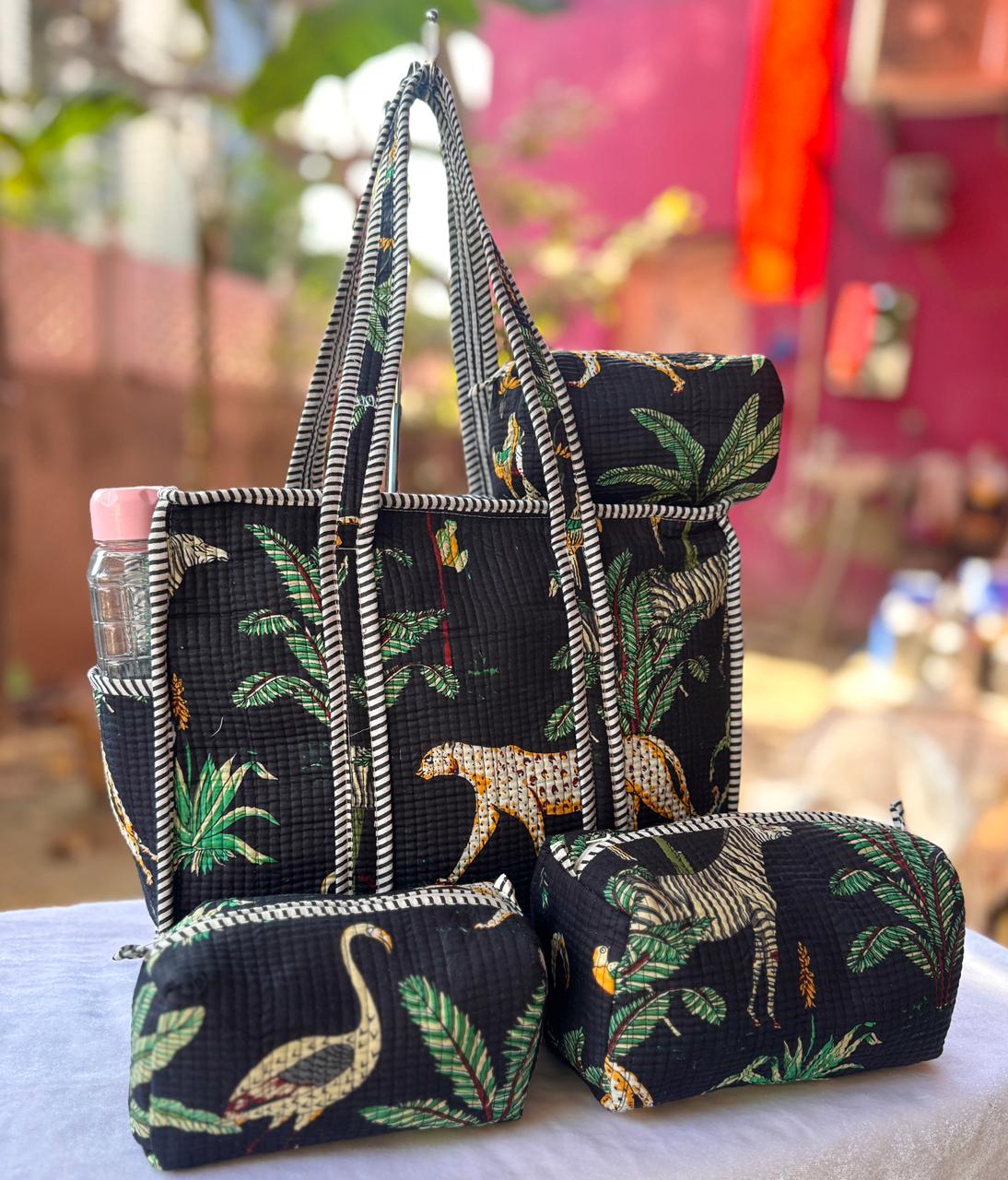 Midnight Jungle Quilted Cotton Tote Bag Set