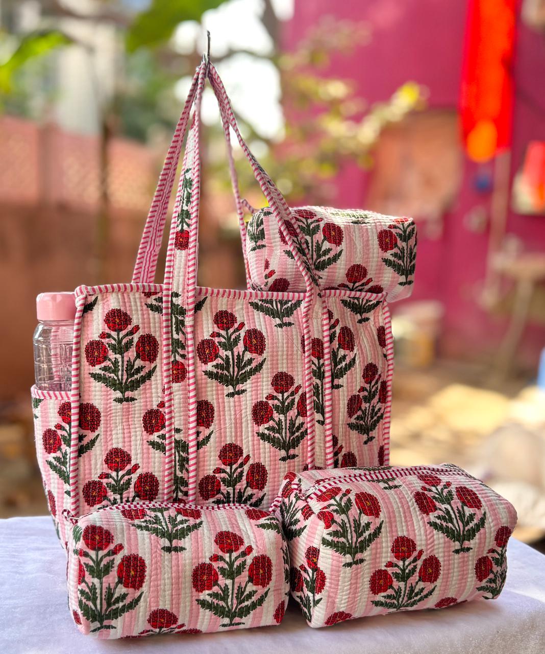 Handcrafted Floral Block Print Tote Bag Set