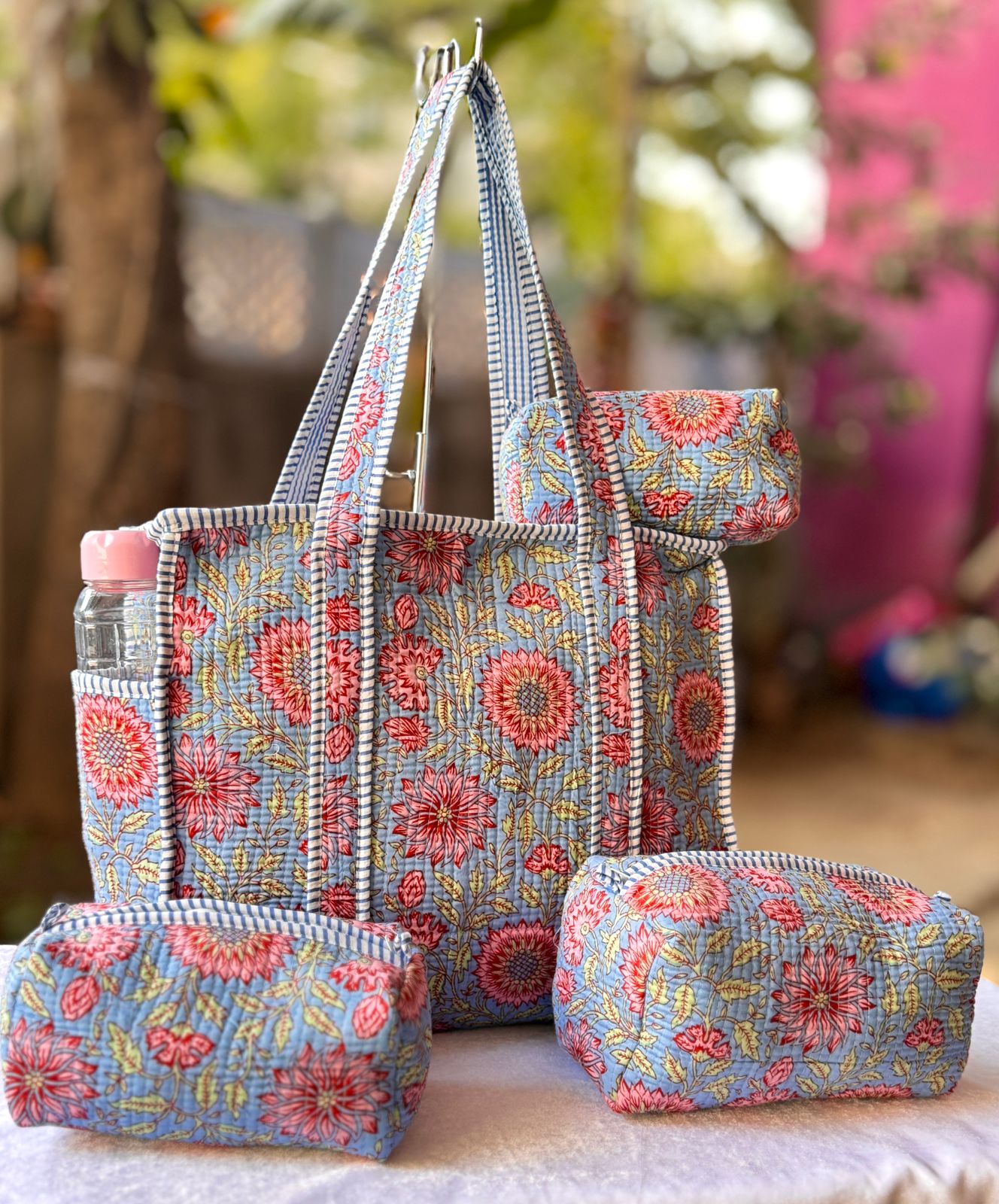 Floral Quilted Cotton Carry Tote Bag Set