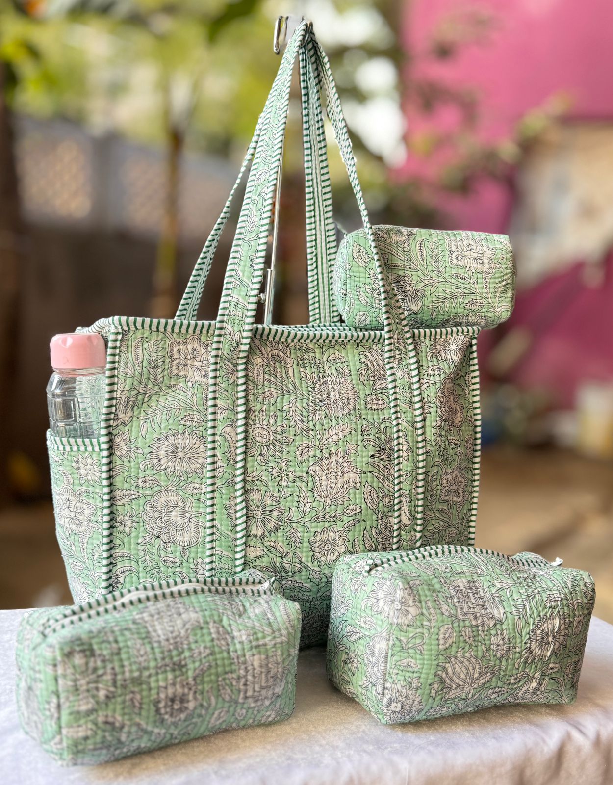 Hand Block Printed Quilted Cotton Tote Bag Set