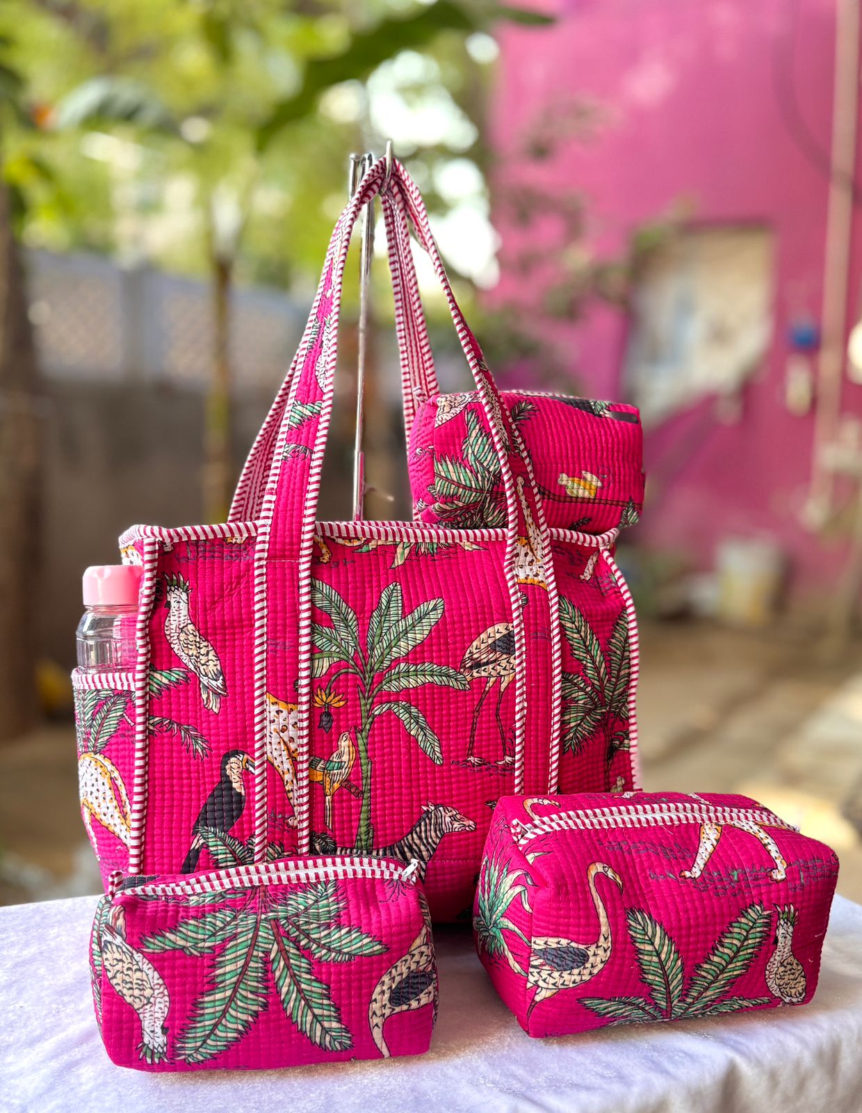 Handcrafted Jungle Bird Print Quilted Tote Bag Set