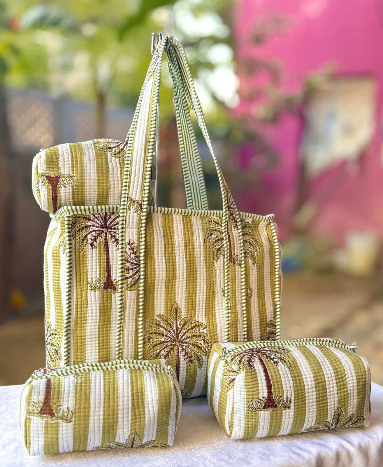 Block Print Quilted Cotton Tote & Pouch Combo Set