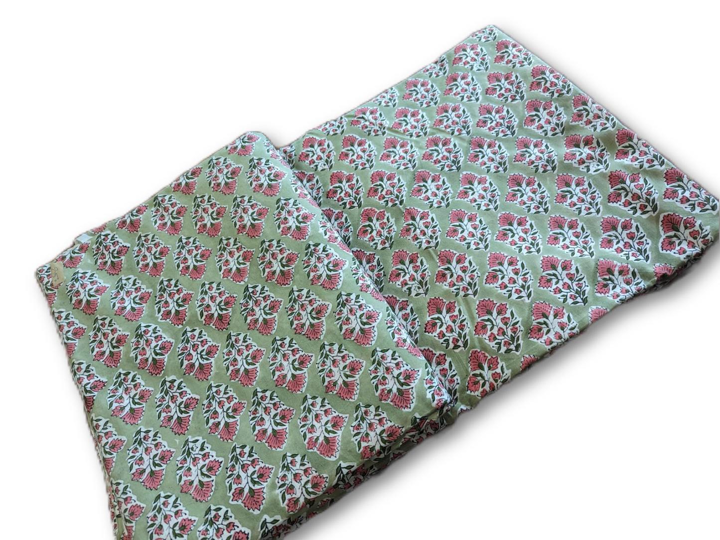 Green Floral Motif Hand Block Cotton Fabric