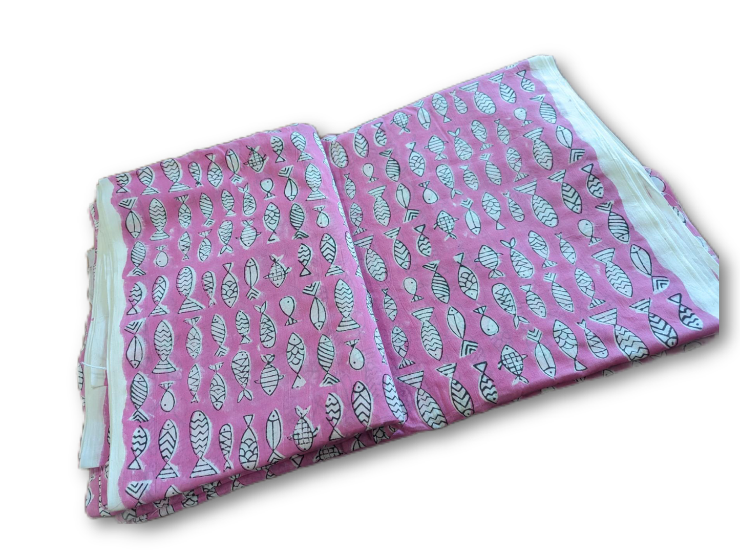 Pink Fish Hand Block Cotton Fabric