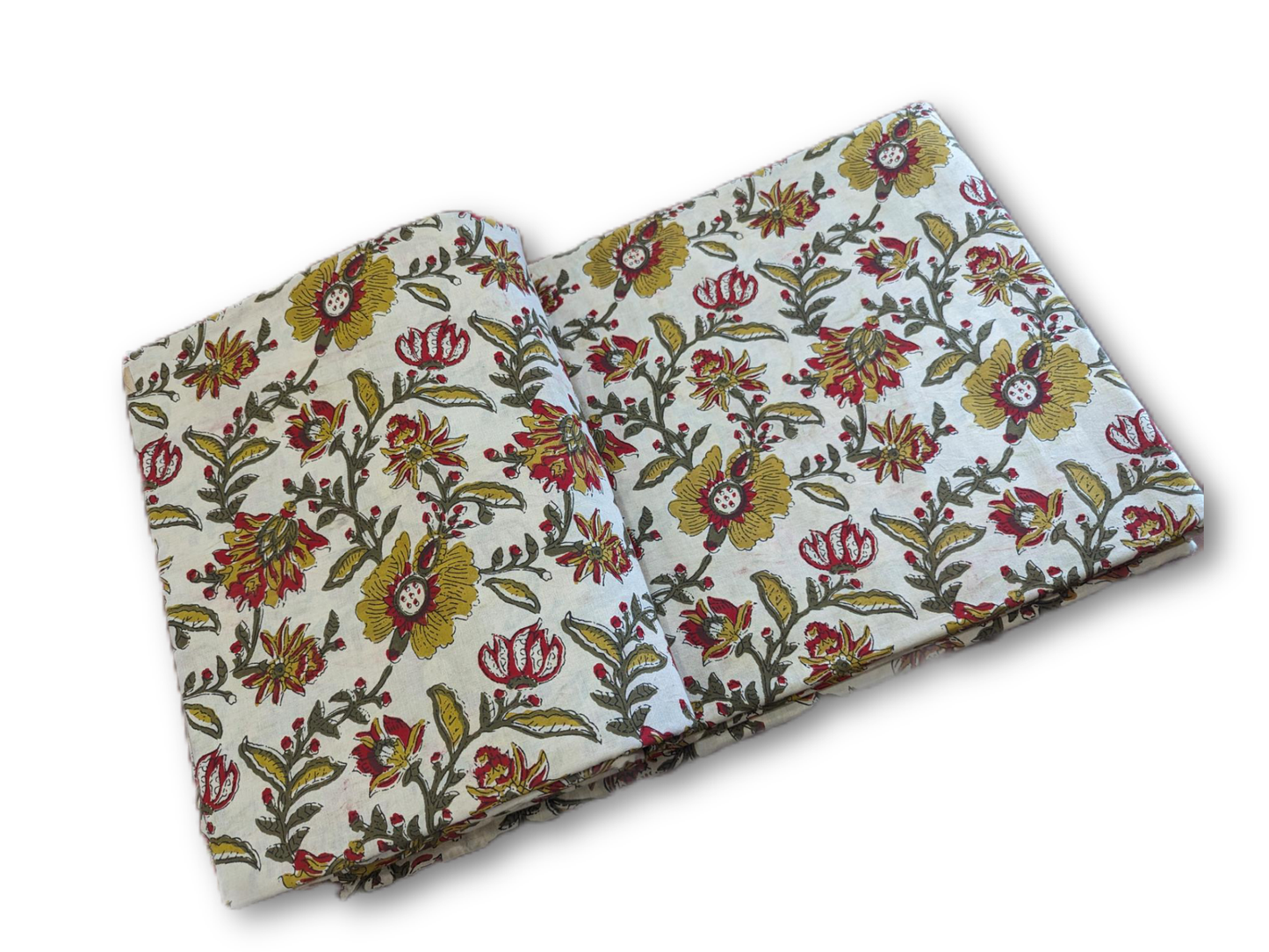 Ivory Floral Hand Block Printed Cotton Fabric