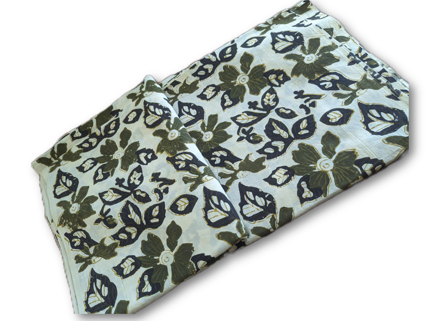 White & Green Floral Hand Block Printed Cotton Fabric