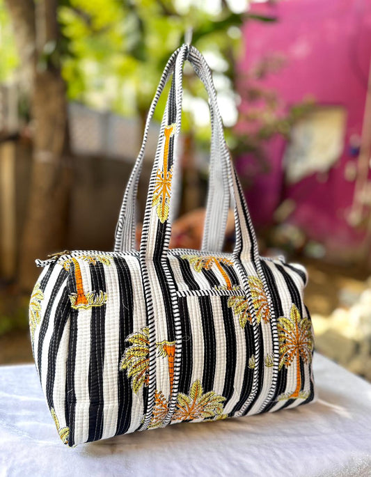 Palm Motif Handcrafted Quilted Cotton Duffle Bag