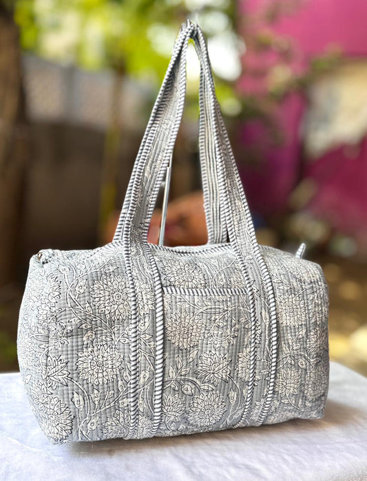 Handcrafted Grey Floral Quilted Cotton Duffle Bag