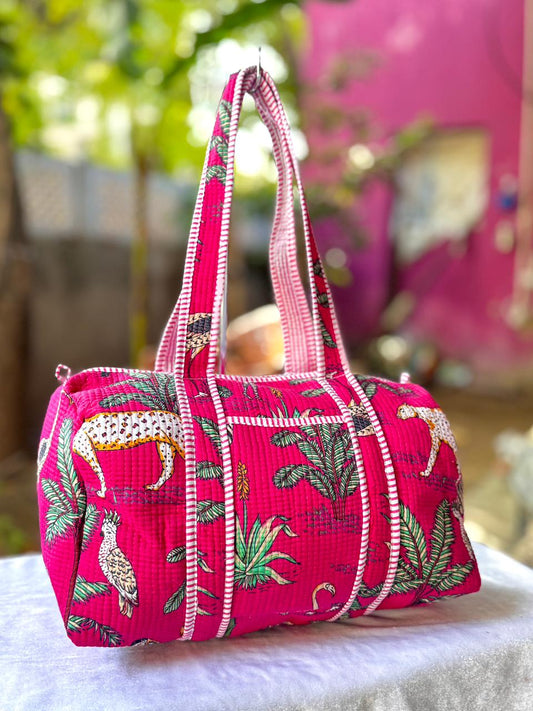 Handcrafted Wildlife Print Quilted Cotton Duffle Bag