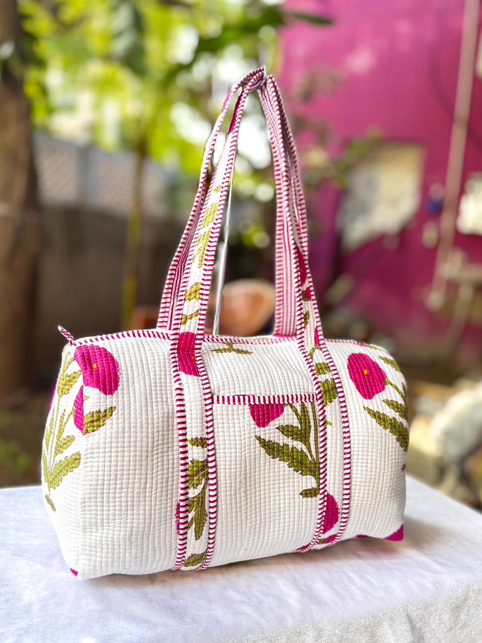 Pink Blossom Floral Quilted Cotton Duffle Bag