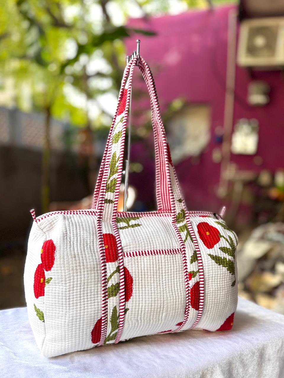 Red Blossom Floral Quilted Cotton Duffle Bag