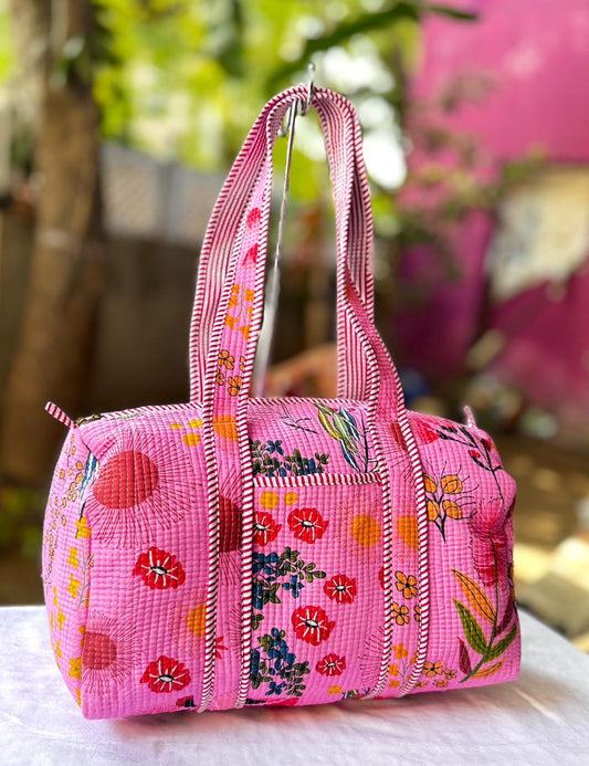 Handcrafted Pink Floral Quilted Cotton Duffle Bag