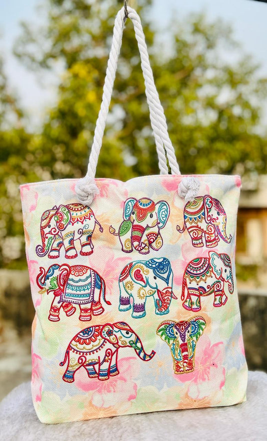 Elephant Print Cotton Tote Bag