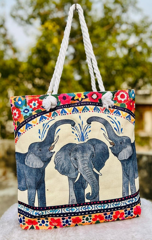 Elephant Print Cotton Tote Bag