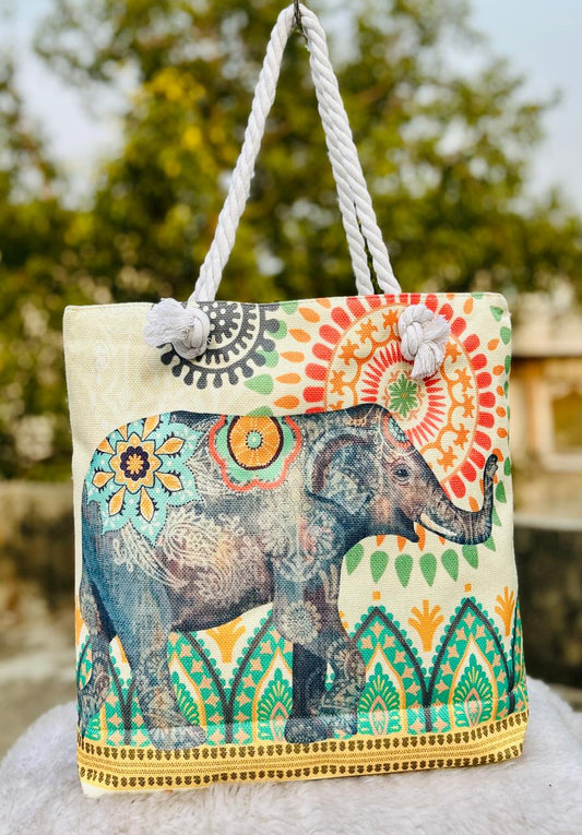 Elephant Print Cotton Tote Bag