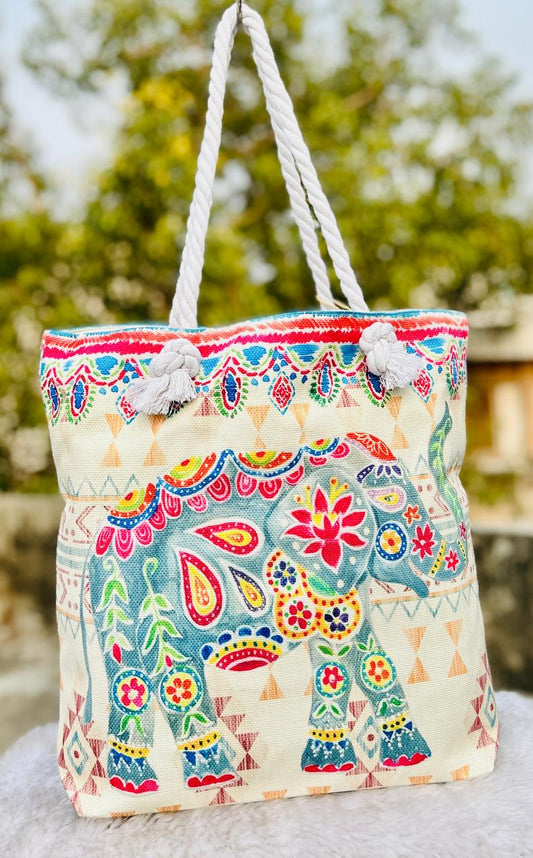Elephant Print Cotton Tote Bag