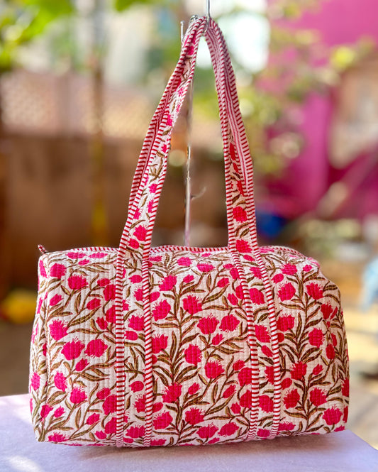 Pink Floral Hand Block Print Quilted Cotton Duffle Bag