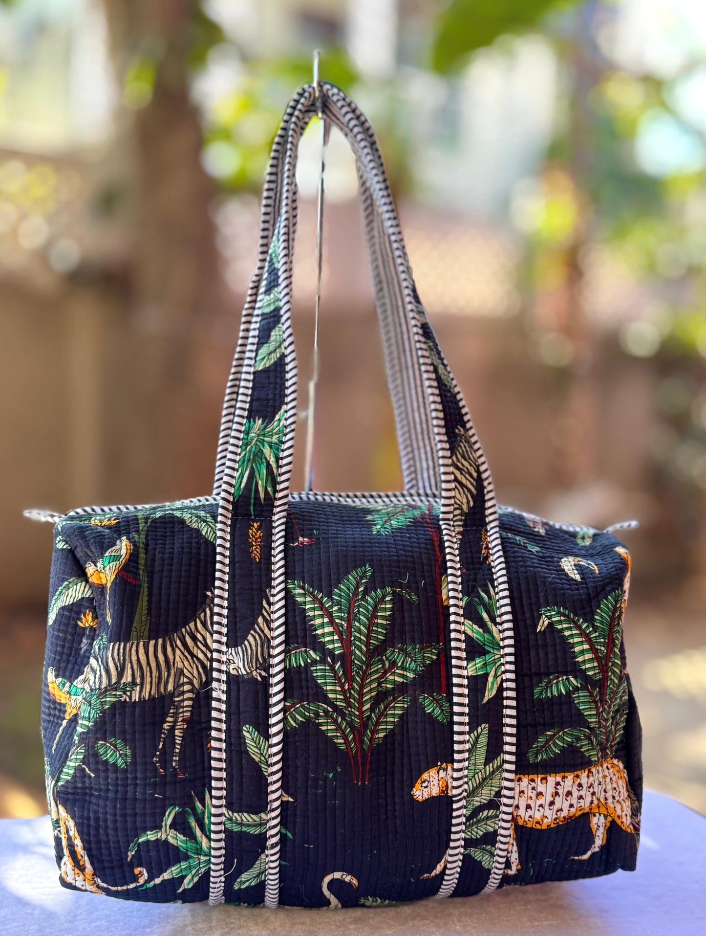 Handcrafted Wildlife Print Quilted Cotton Duffle Bag