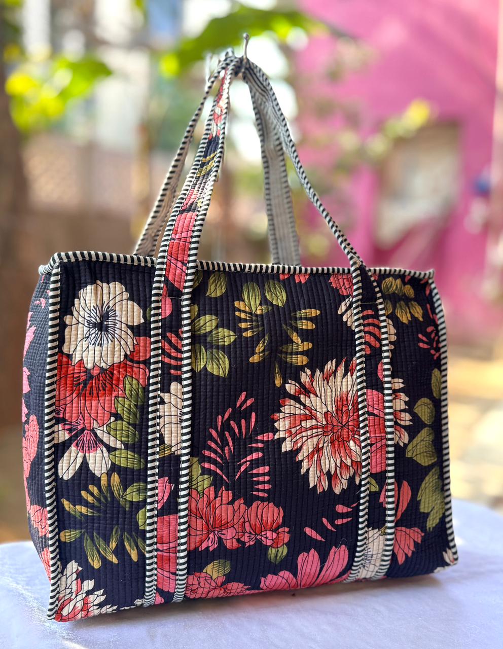 Floral Printed Quilted Cotton Tote Bag